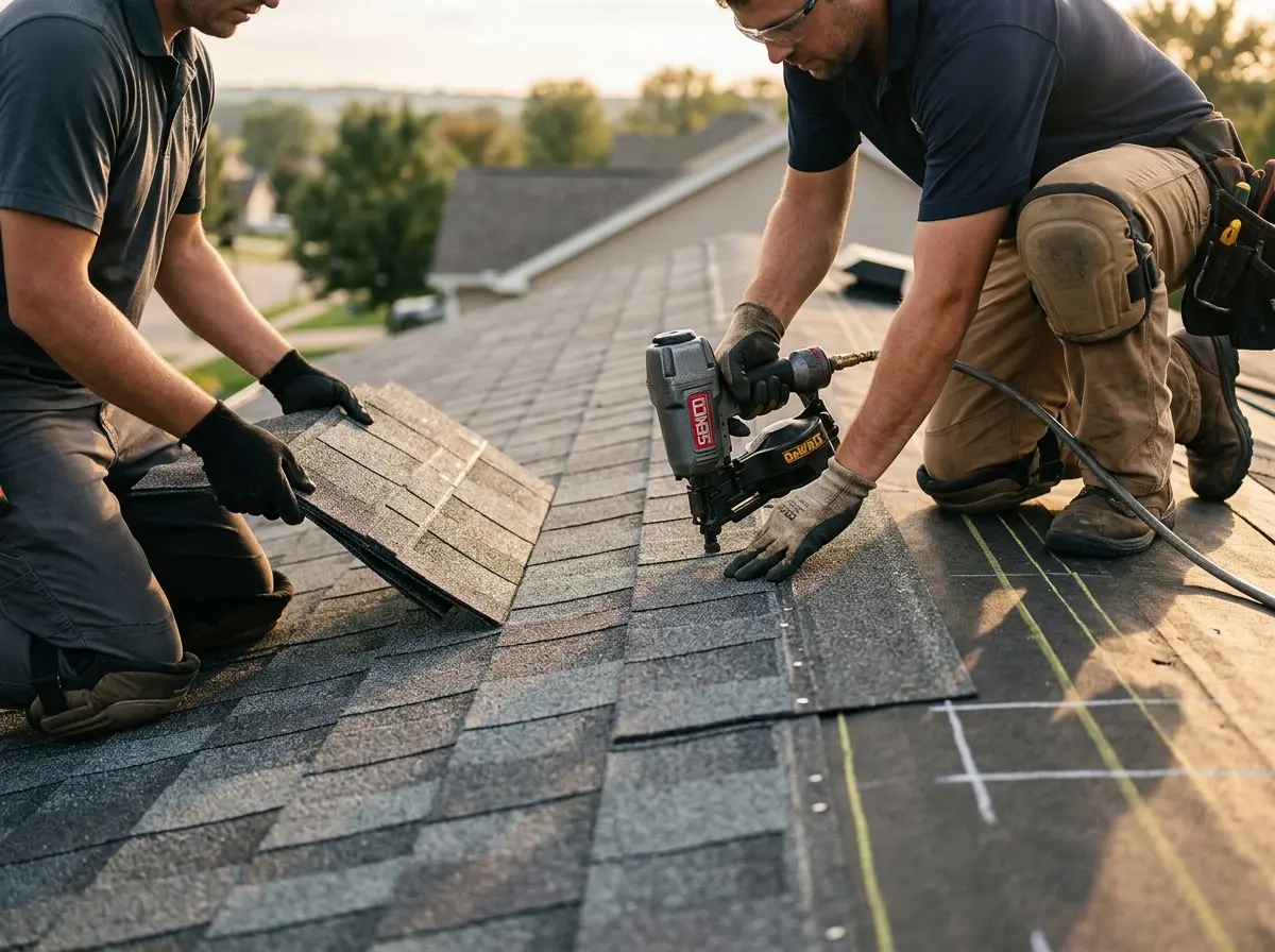 Professional roofer working on a residential roof in Hoschton
